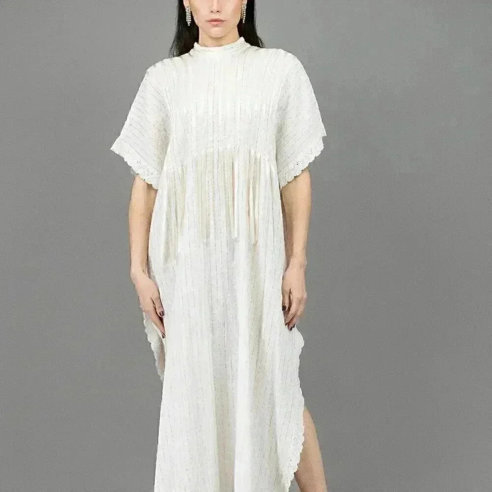 Vintage 70s White Caftan Size Medium Boho Chic Long Maxi Dress Summer Wedding